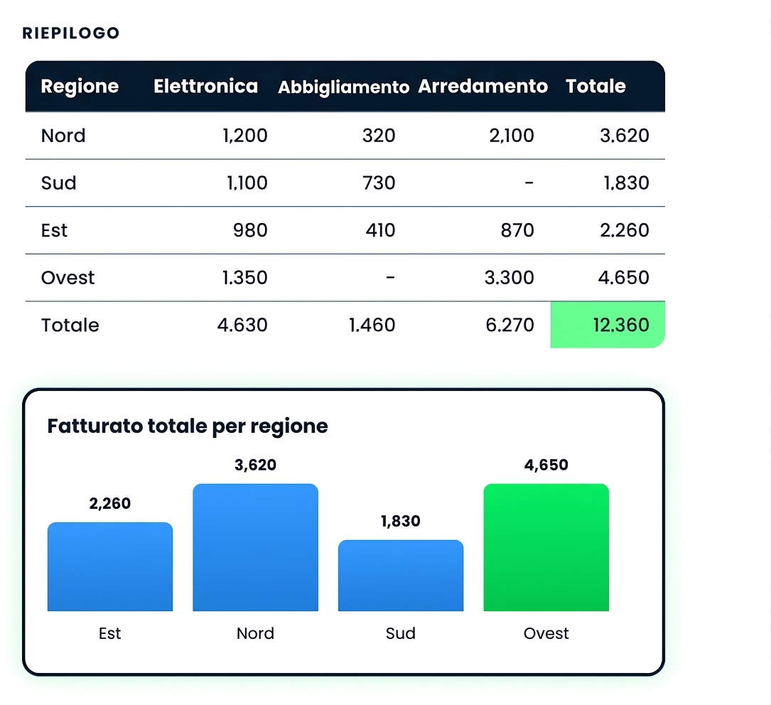 Una pivot dei ricavi per regione e categoria, con un grafico a barre dei totali regionali