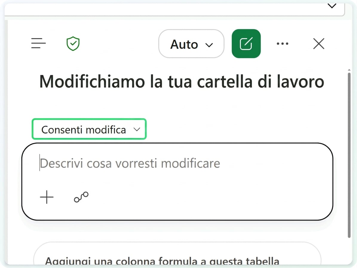 La cartella di lavoro Tickets con Copilot aperto in modalità Consenti modifica