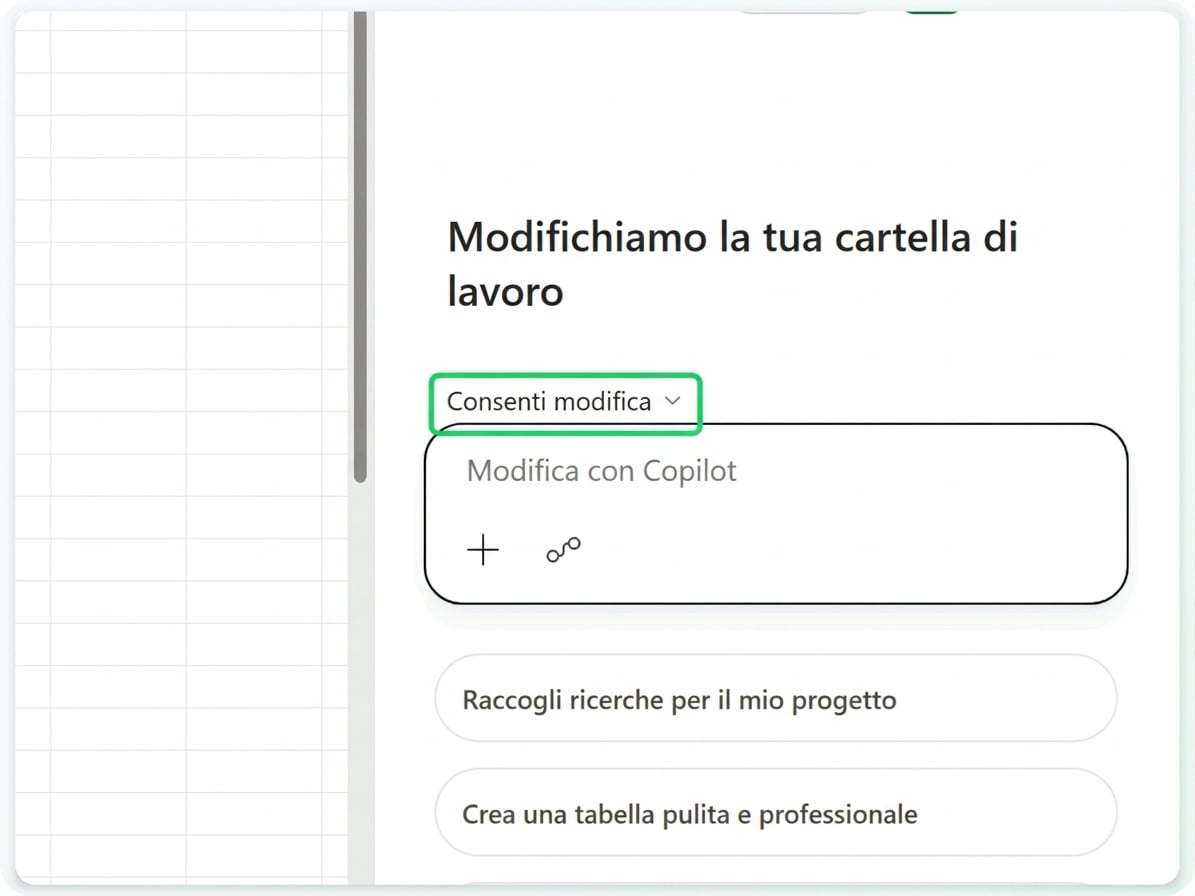 Il riquadro di Copilot, con il controllo della modalità Consenti modifica