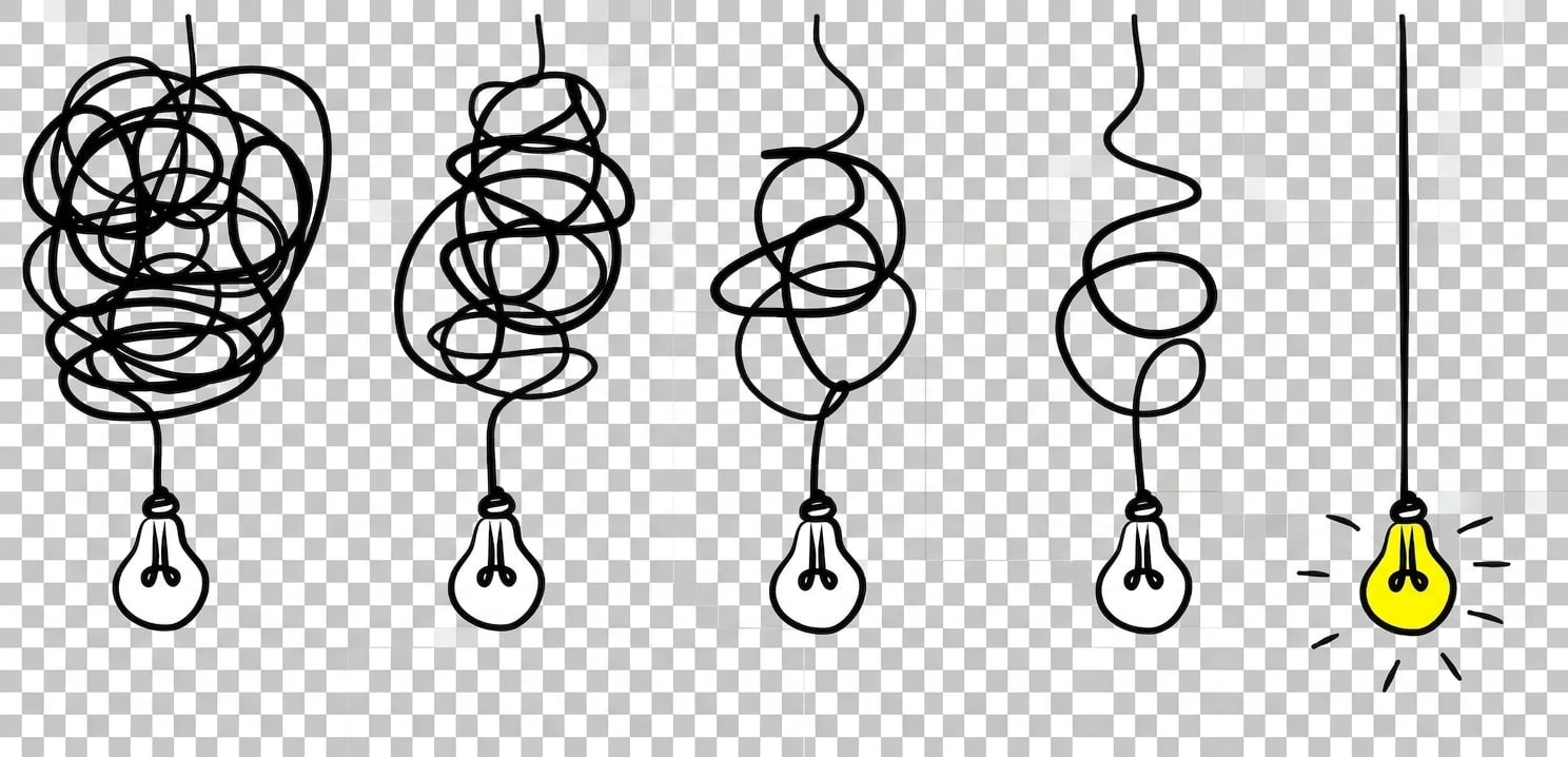 Semplificare il complesso: idea di chiarezza nella confusione o percorso, con illustrazione a doodle di lampadine