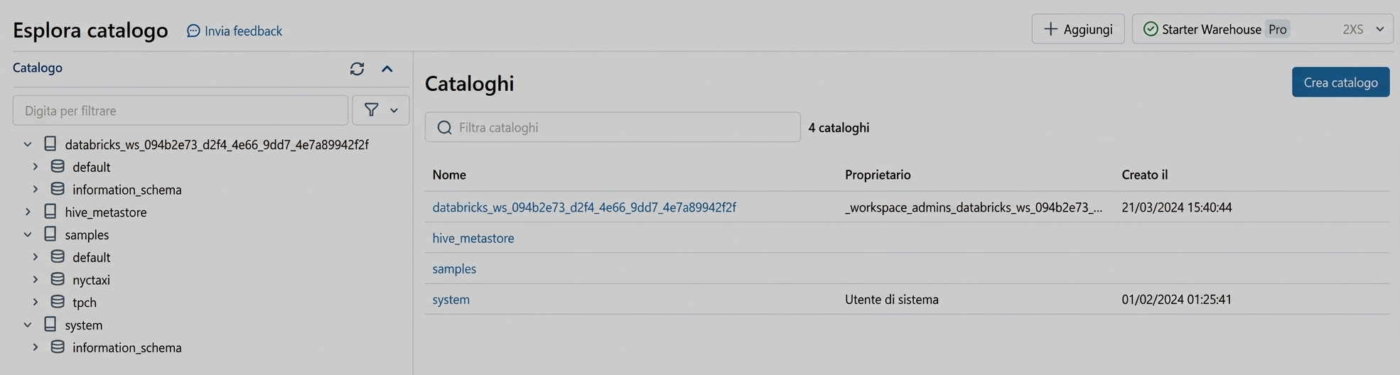 Screenshot di Catalog Explorer