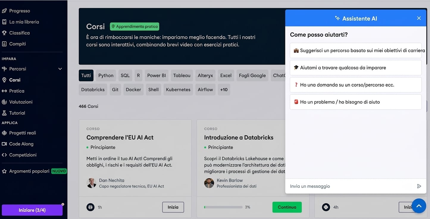 Pagina dei corsi DataCamp con l'AI Assistant