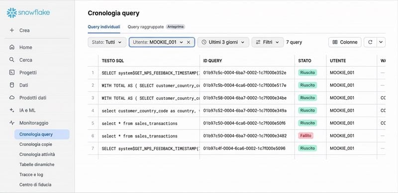 GIF della visualizzazione di Query History