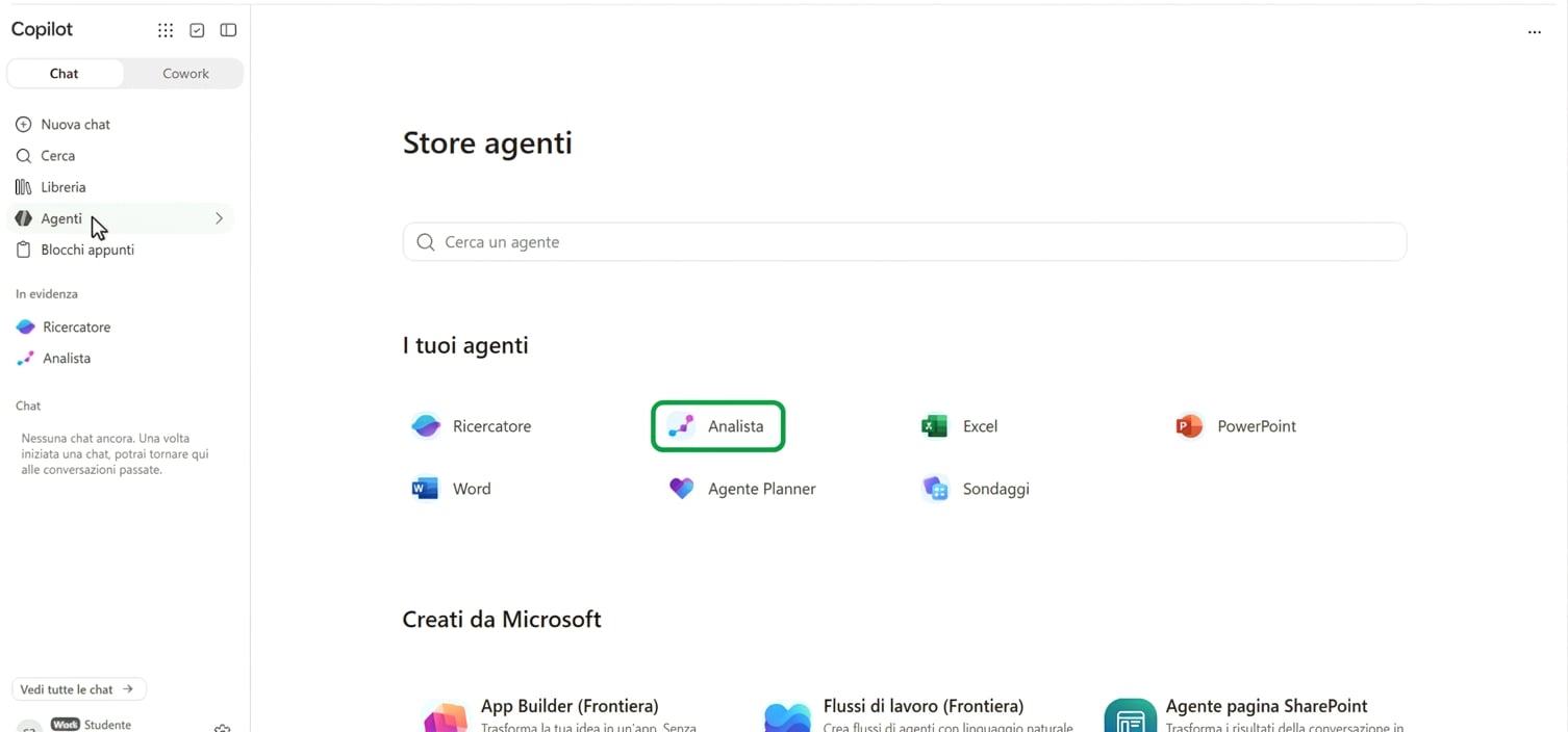 L'Agent Store in Copilot, con l'agente Analyst evidenziato tra quelli integrati