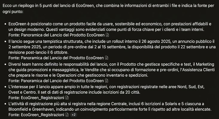 Riepilogo di Copilot in cinque punti tra file, con ogni punto che indica il report Word o il file Excel di origine