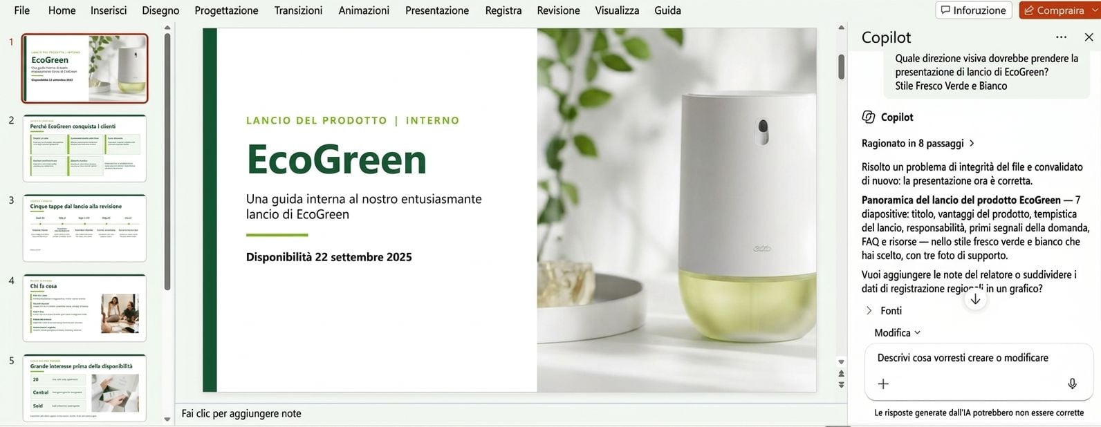 Copilot che crea un deck EcoGreen multi-slide in PowerPoint: il riquadro del ragionamento accanto alla colonna delle miniature generate