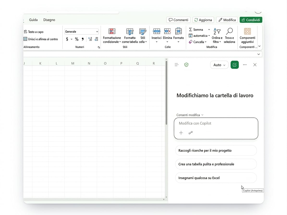 Copilot aperto in Excel per il web, interfaccia attuale