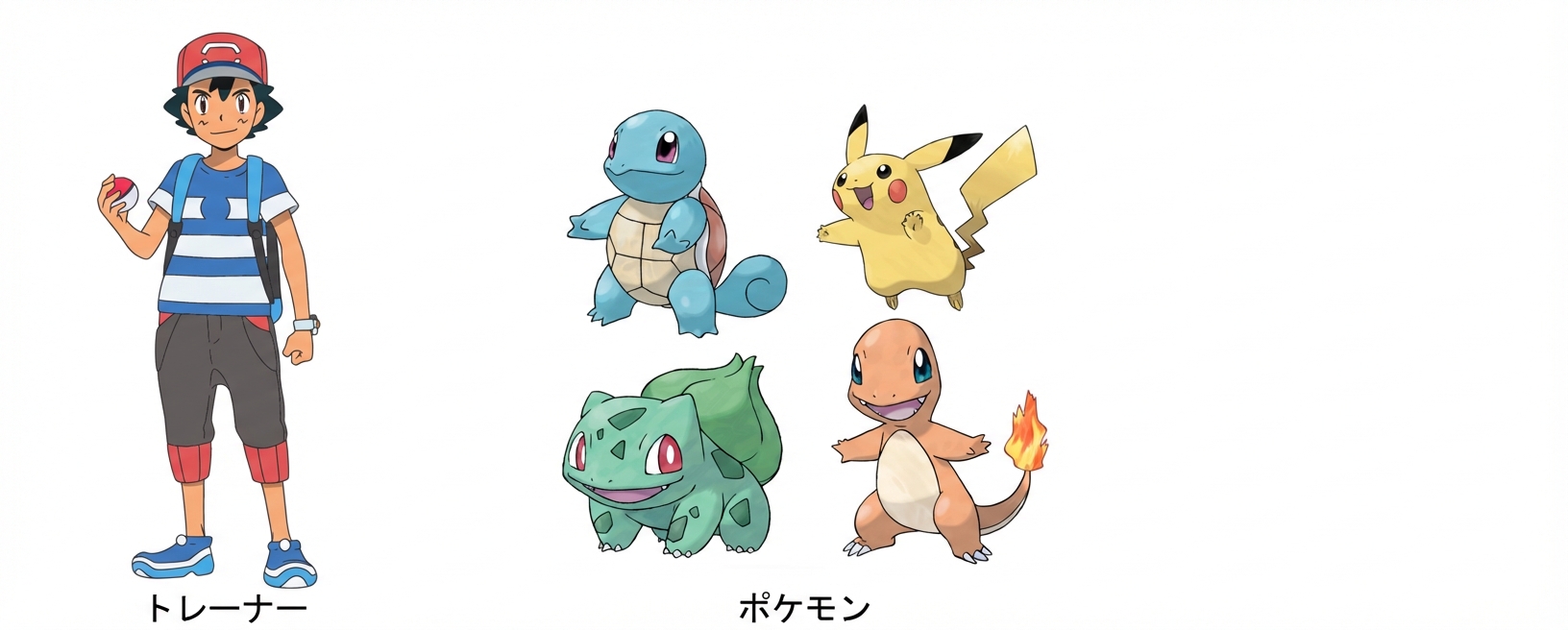 alt="Squirtle、Pikachu、Bulbasaur、Charmander;ポケモンゲームに登場するポケモンの一部"