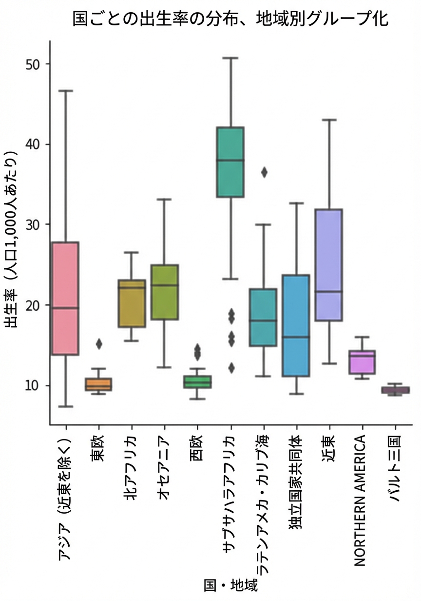 タイトルとラベル付きの地域別出生率の箱ひげ図