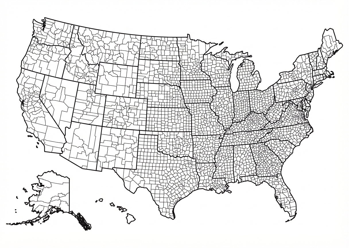 アメリカ合衆国の郡の地図。