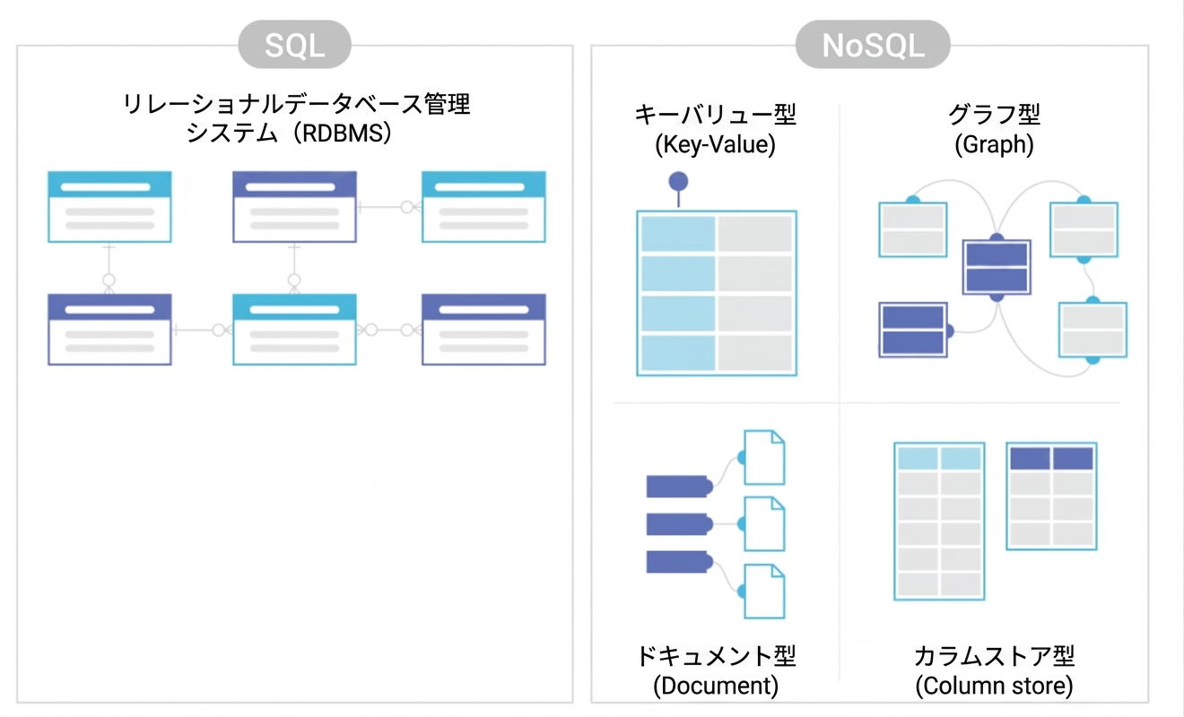 Diagram comparing storage of SQL and NoSQL DBMSs.