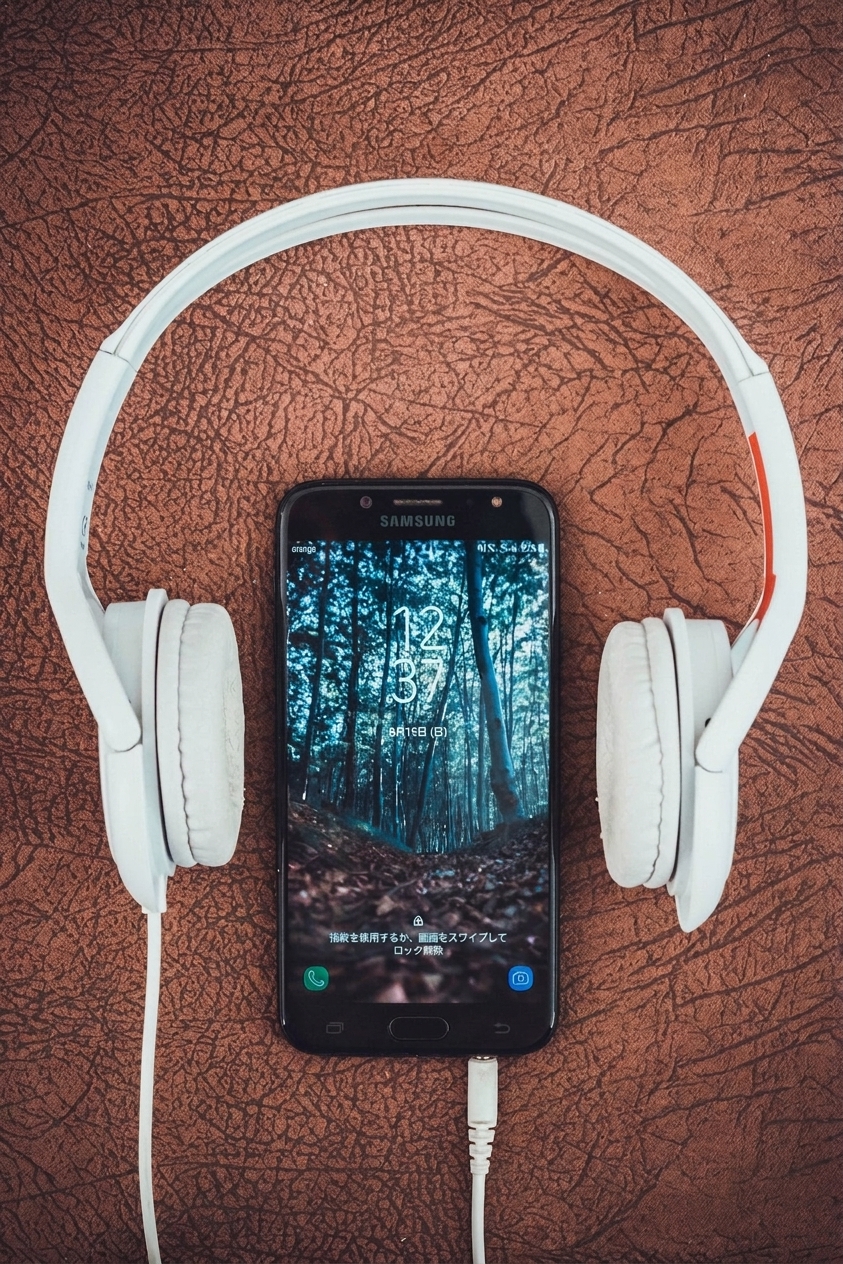 ヘッドホン付きのスマートフォンの画像