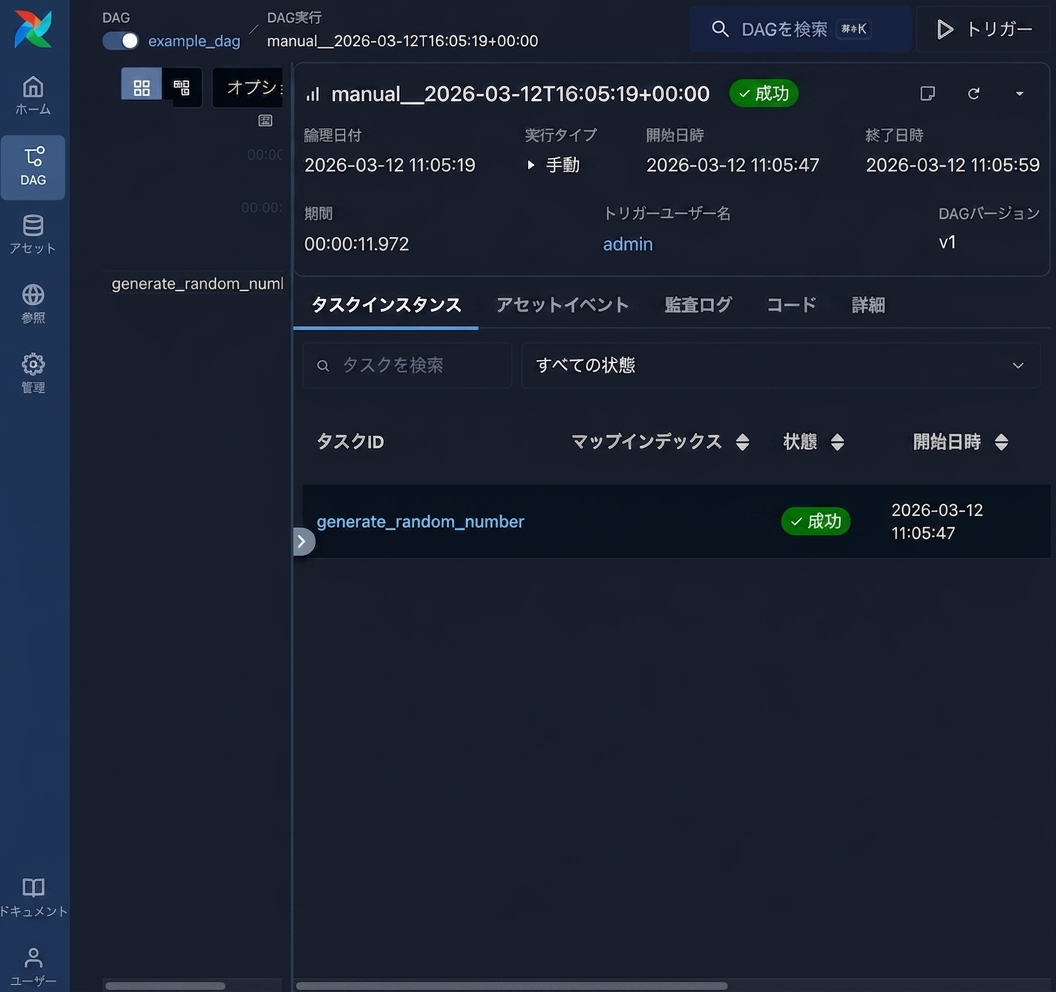 generate_random_numberなどの個々のタスク詳細が一覧表示されたAirflow Dagタスクビュー