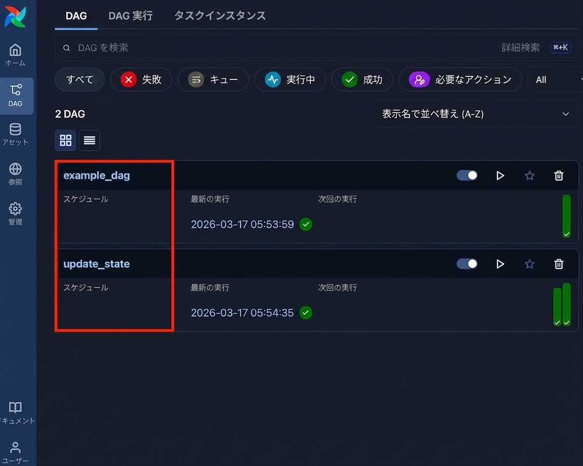 DAG名列がハイライトされたAirflow DAGsビュー