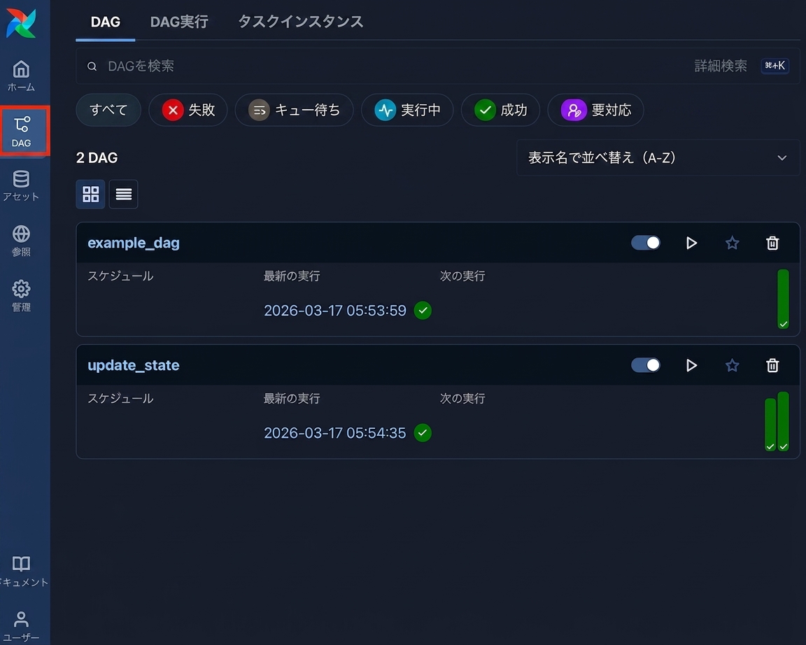 利用可能な全DAGを一覧表示したAirflow DAGsビューページ