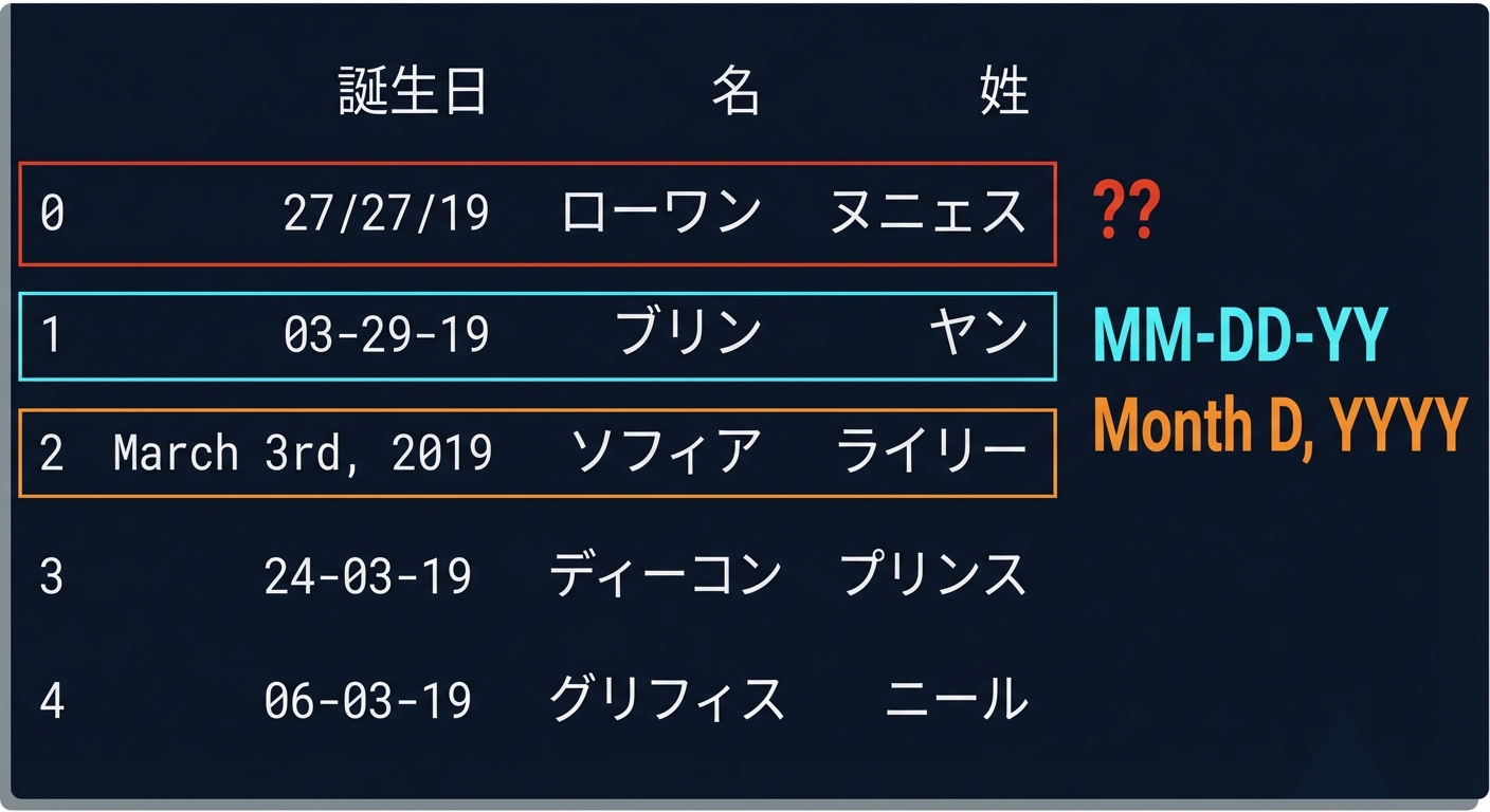 birthdays データセットの出力を示す表。1 行は月/日/年形式、別の行は英語での表記、最後の行は日が重複する明らかな誤り。