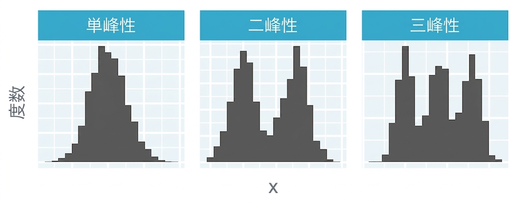 Histograms displaying unimodal, bimodal, and trimodal distributions, with one, two, and three peaks respectively.