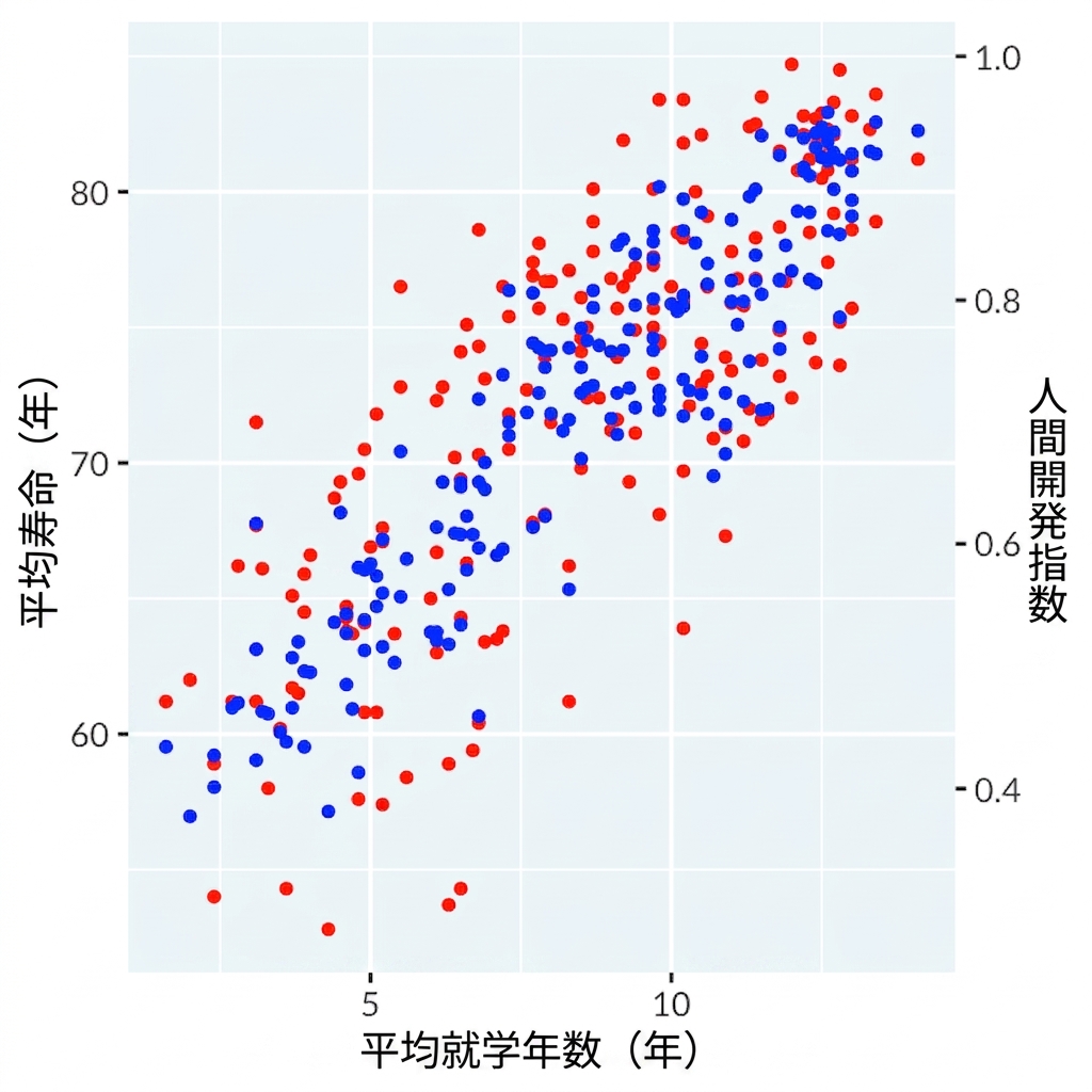 Scatter plot of length of schooling with dual axes of life expectancy and human development index