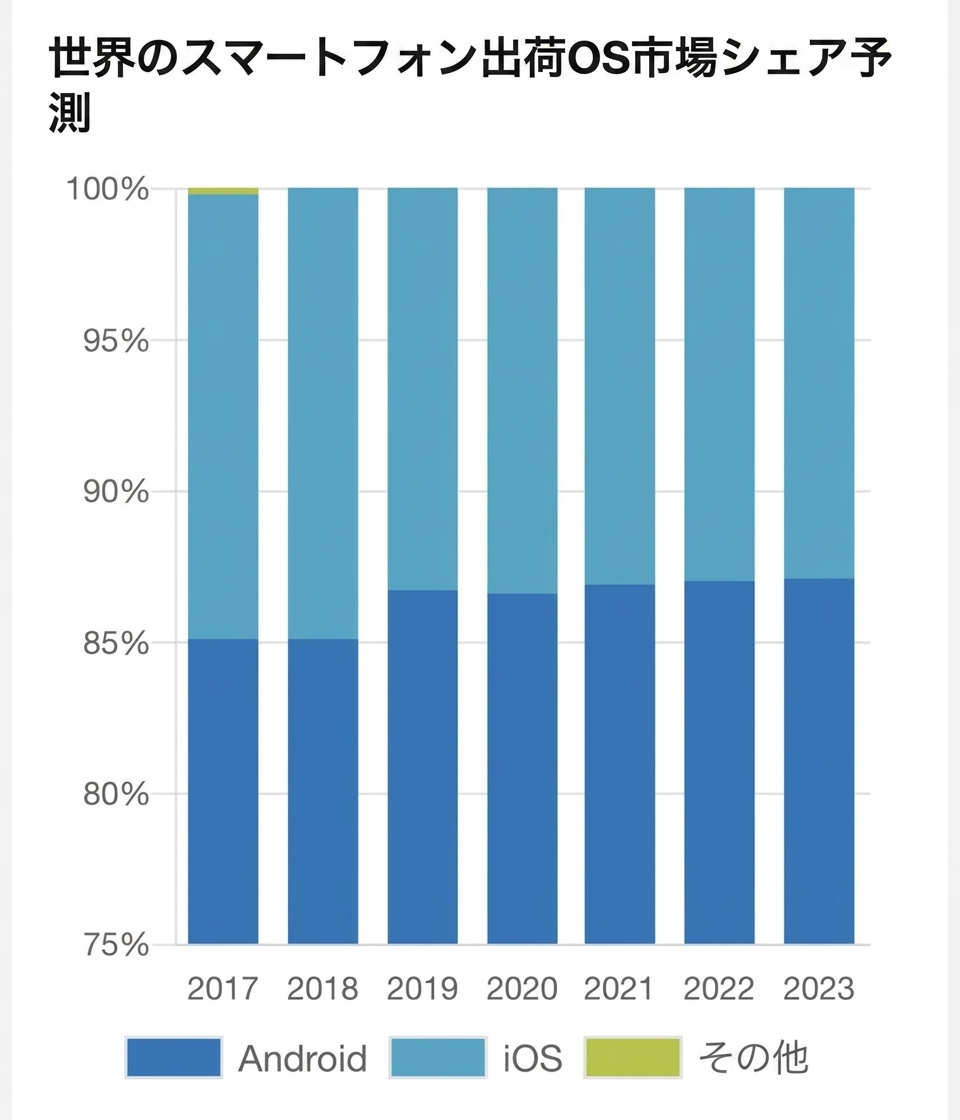 A stacked bar plot from a marketing company showing predictions of the market share for each mobile phone operating system. The y-axis starts at 75% instead of zero.