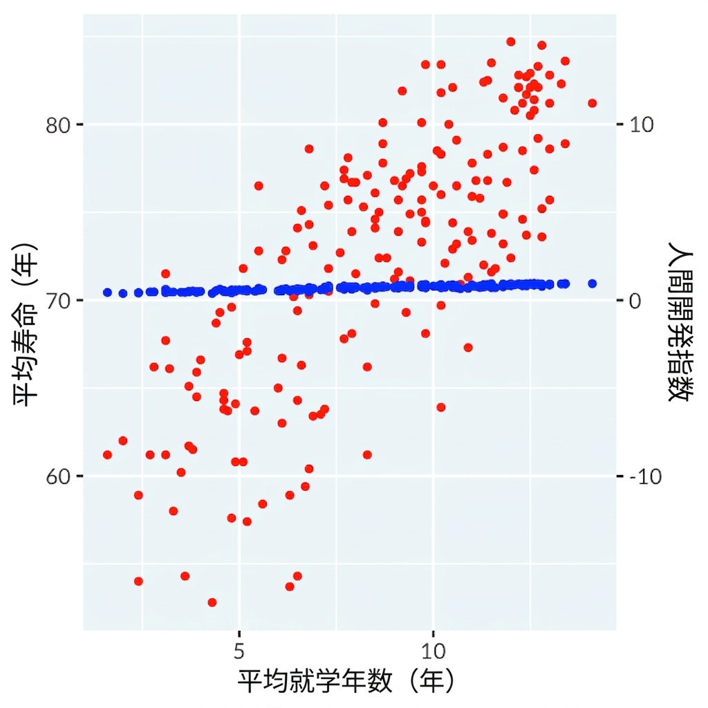 Scatter plot of length of schooling with dual axes of life expectancy and human development index showing no correlation with adjusted axes