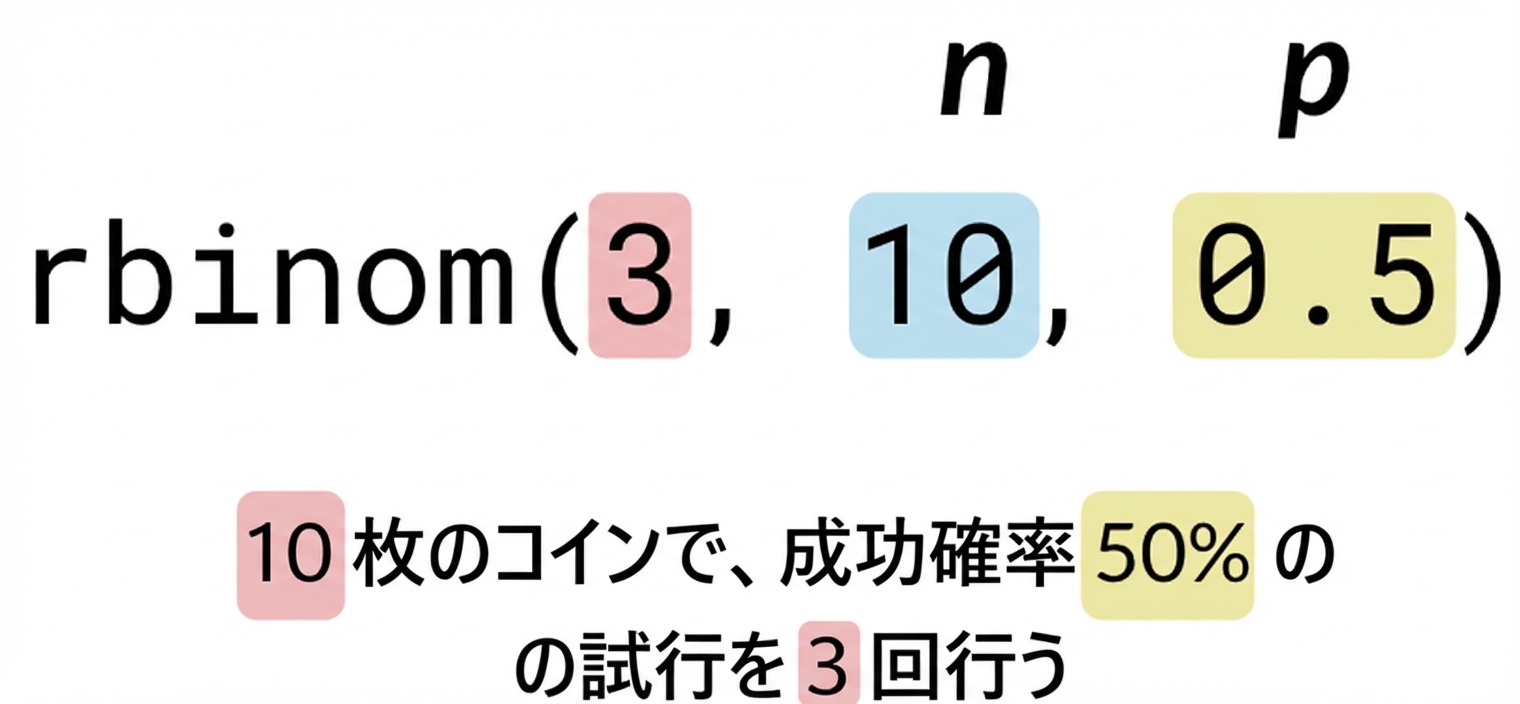 rbinom(3, 10, 0.5)。3は赤、10は青、0.5は黄。文: 3(赤)回、10(青)枚のコインを、成功確率50%(黄)で投げる。10の上にn、0.5の上にpと記載。