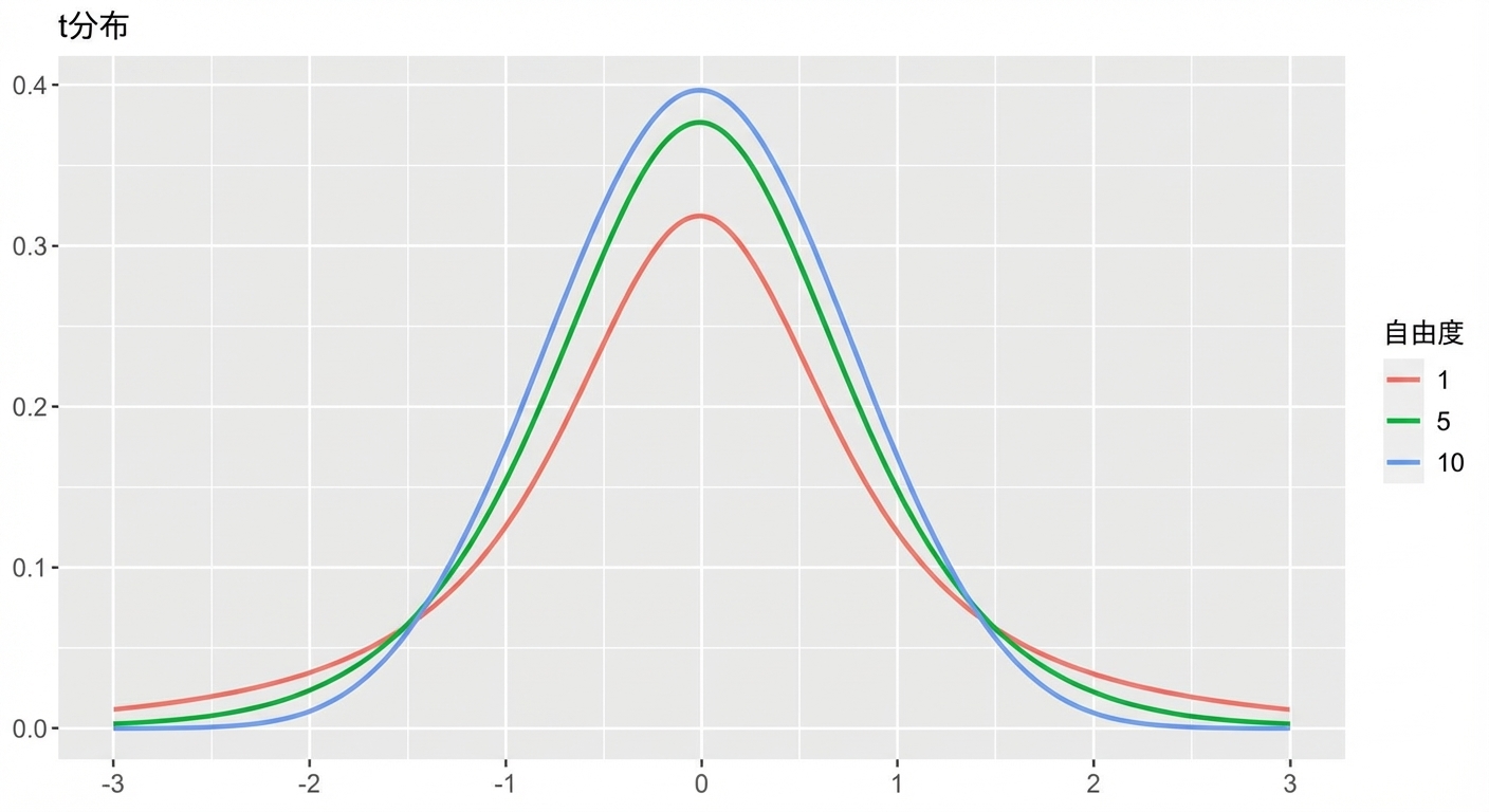 df = 1、df = 5、df = 10 の 3 つの t 分布