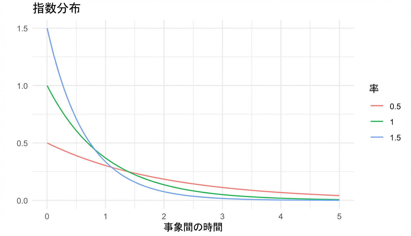 λ = 0.5、1、1.5 の 3 つの指数分布