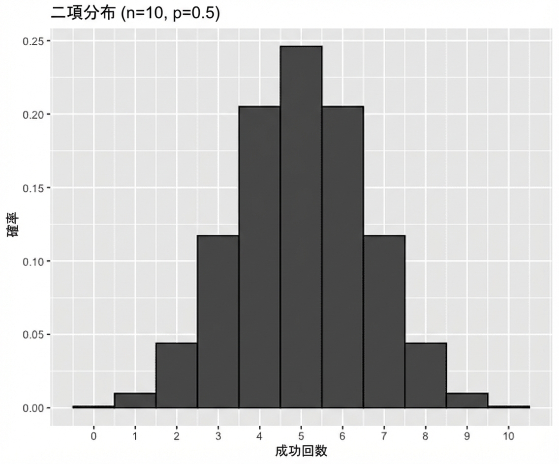 n=10, p=0.5 の二項分布のプロット