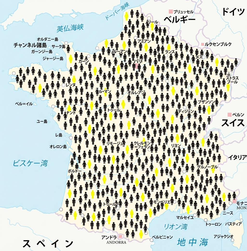 一部の人アイコンが強調表示されたフランス地図。