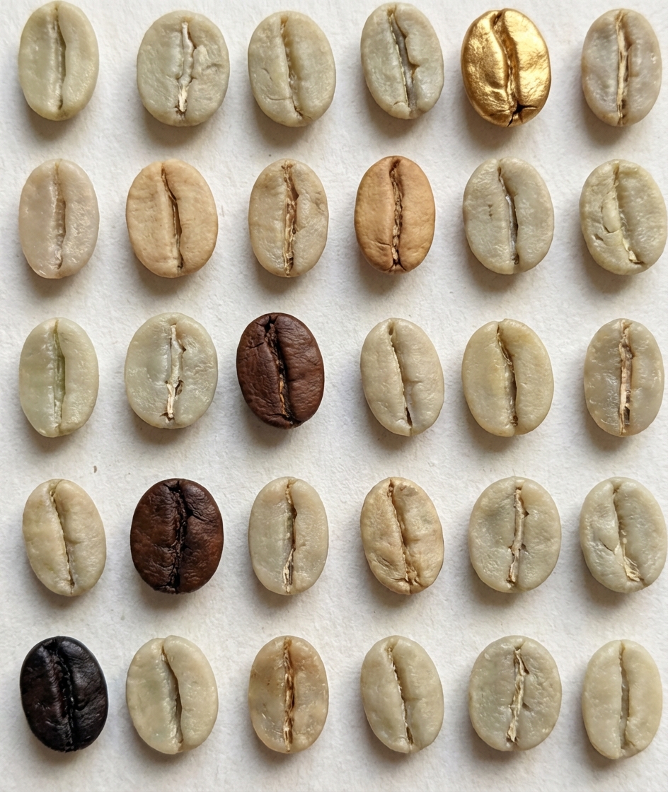 行と列に並んだコーヒー豆。対角線上のみグレーアウトされていない。