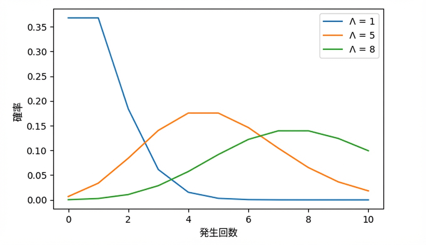 3つのポアソン分布: 1つは lambda = 1、1つは lambda = 5、1つは lambda = 8
