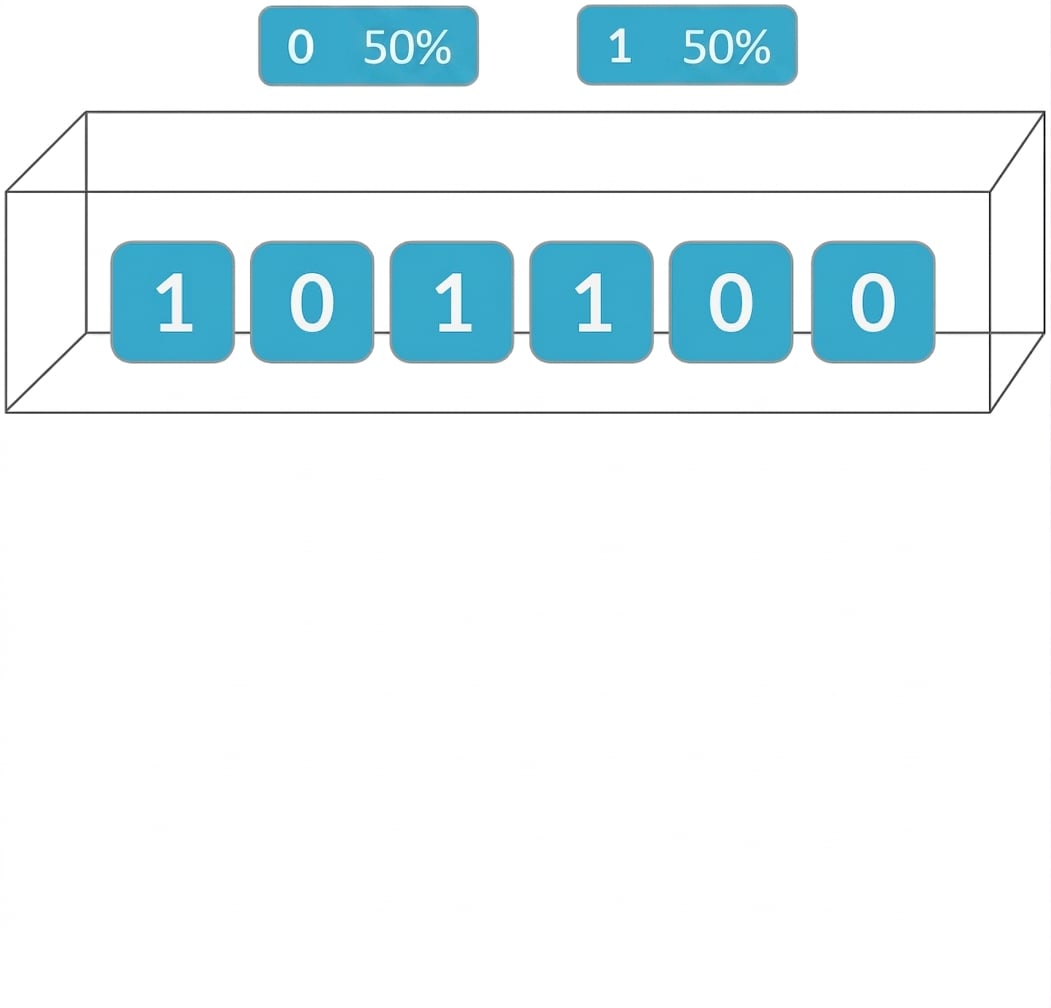 3つの0と3つの1が入ったチケットの箱。 50%の確率で0、50%の確率で1