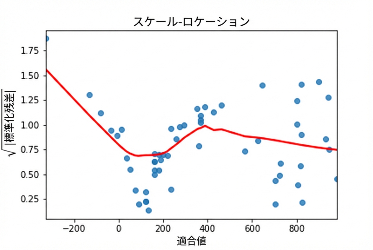 パーチモデルの平方根標準化残差と予測値の散布図。LOWESSのトレンド線。予測値が増えるにつれて上下に大きく変動。