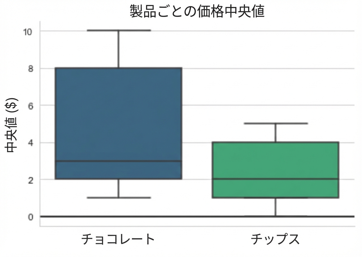 2製品の価格中央値を示す箱ひげ図
