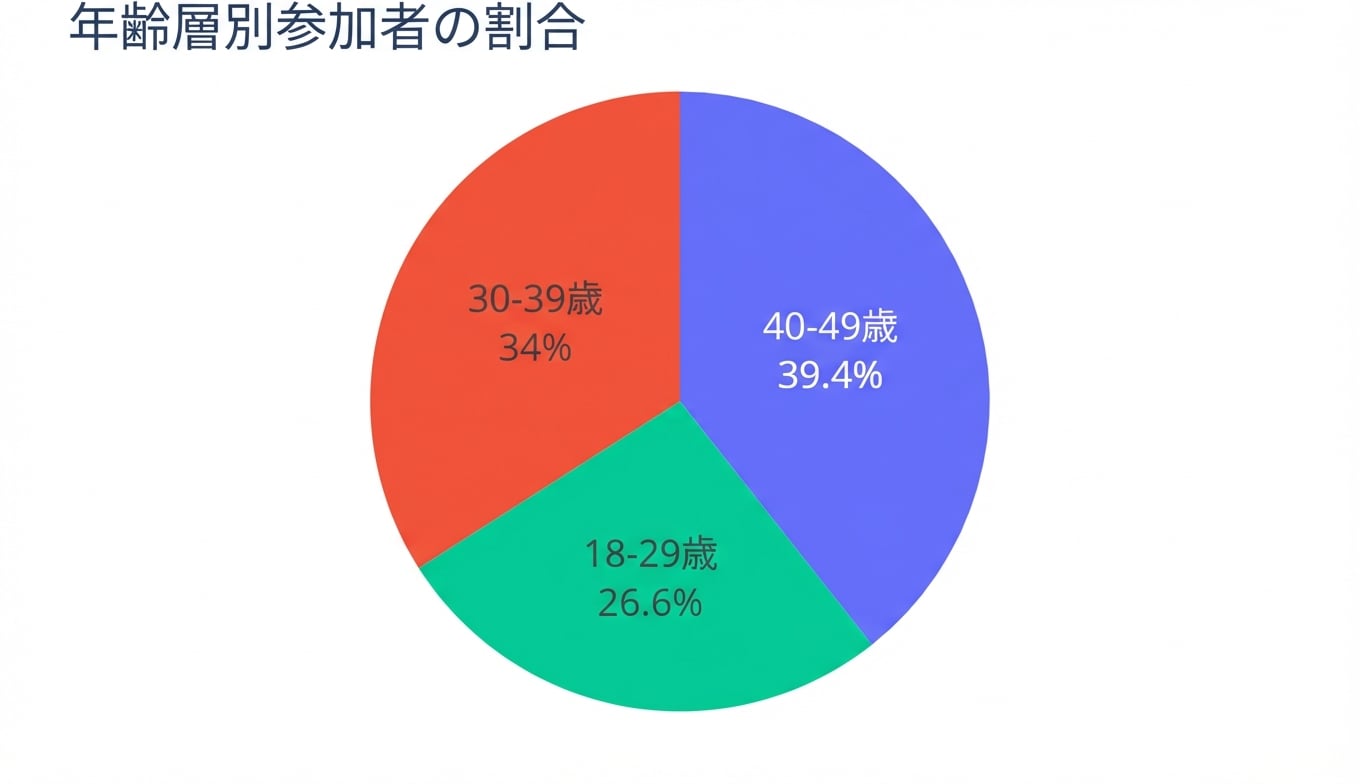 3つの年齢層(「18-29」「30-39」「40-49」)における参加者の割合の円グラフ。「40-49」が39.4%で最多。