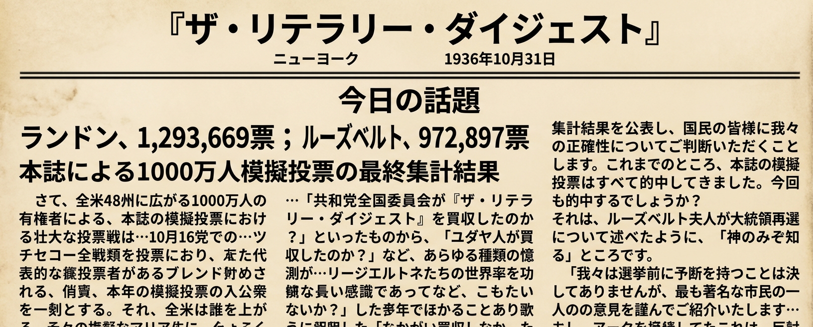 1936年のLiterary Digest誌の表紙。選挙予測の見出しが掲載されており、ランドンが130万票、ルーズベルトが約100万票を獲得すると予測されている。