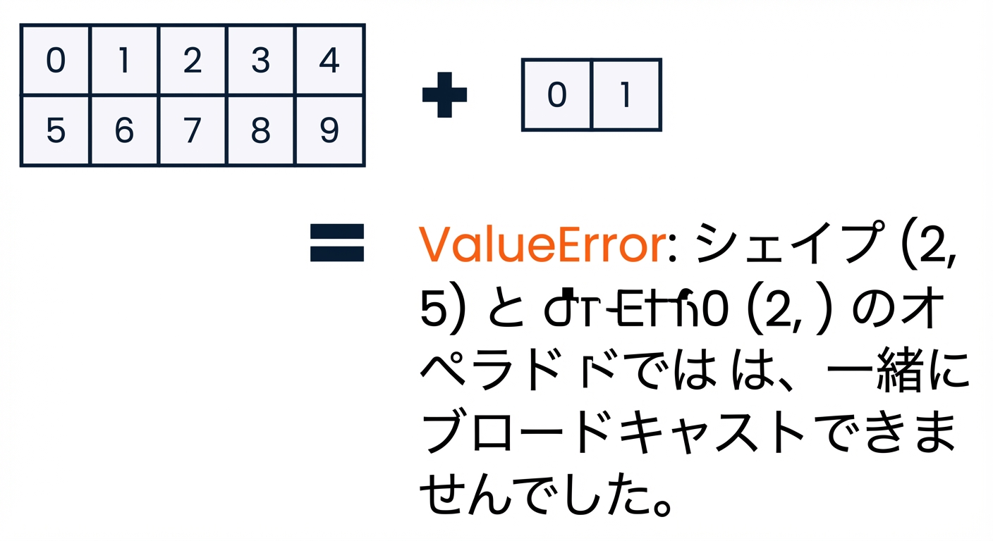 形状(2, 5)の配列に形状(2,)の配列を加算するとValueErrorが発生することを示す図