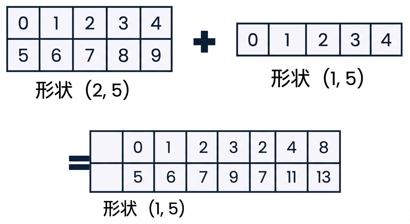 形状(2, 5)の配列に形状(1, 5)の配列を加算する様子