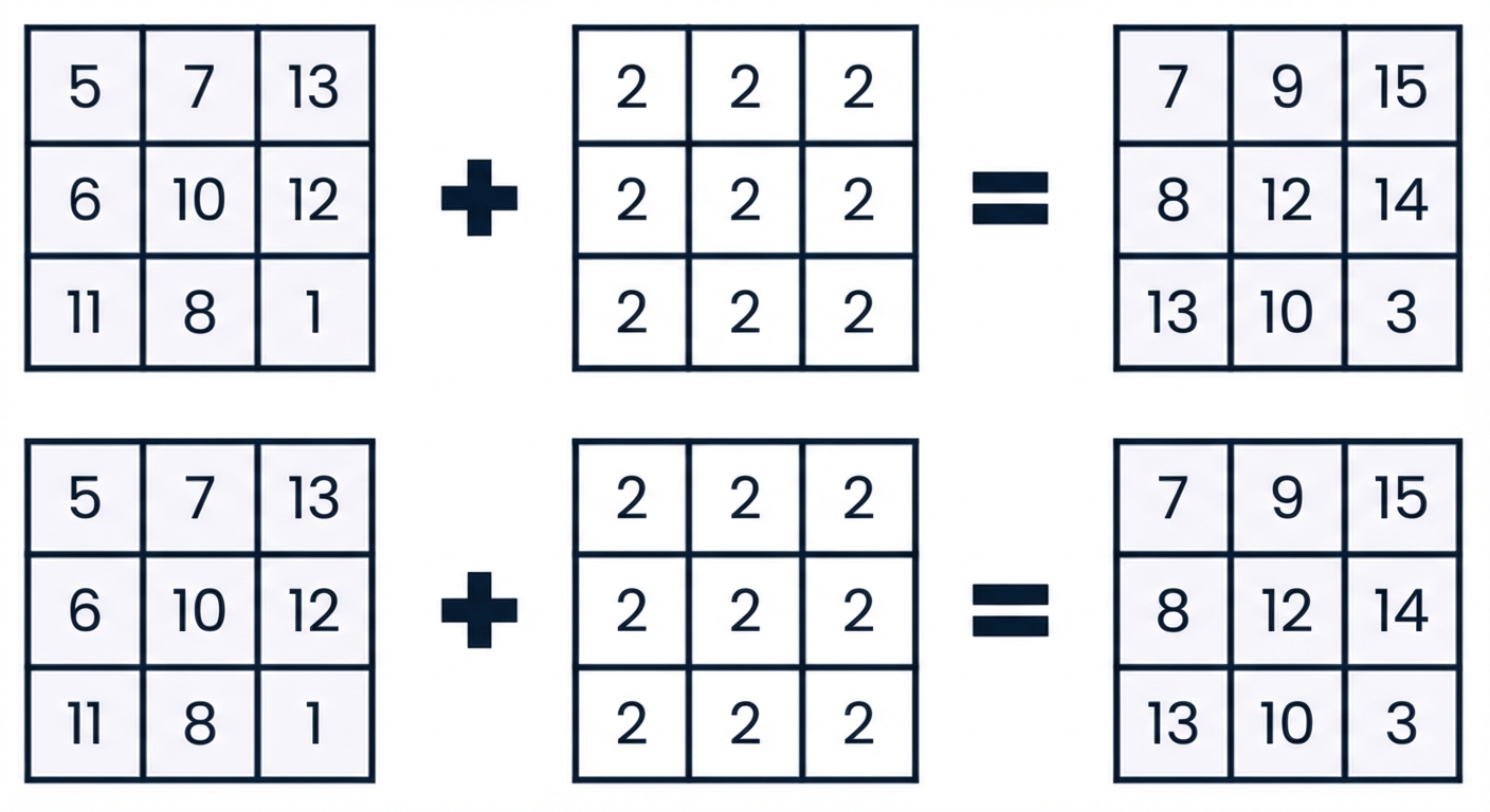 2次元配列に同じ形状の2の配列を加算する様子を示す画像