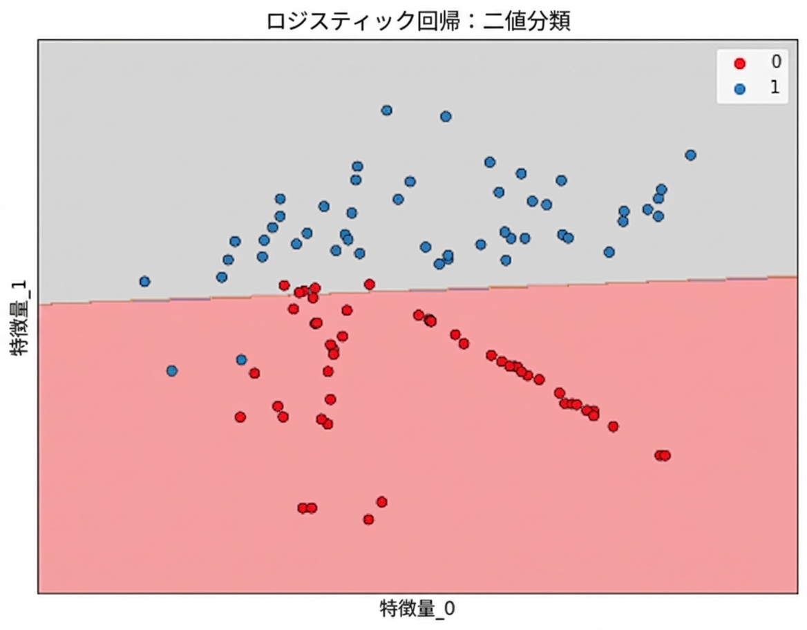 特徴1と特徴2の散布図。解約予測のための直線の決定境界が左から右へ走っている