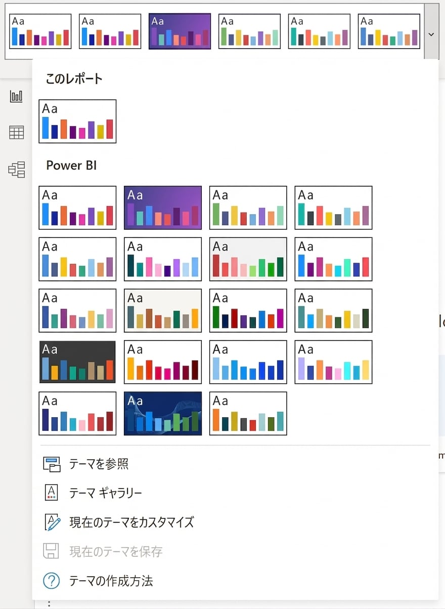 Power BIには組み込みテーマが用意されており、カスタマイズも可能です。