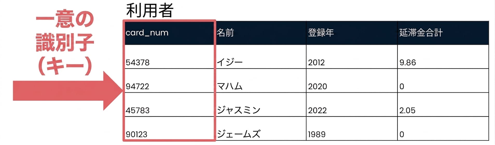 idフィールドが一意の識別子として示されたpatronsテーブル