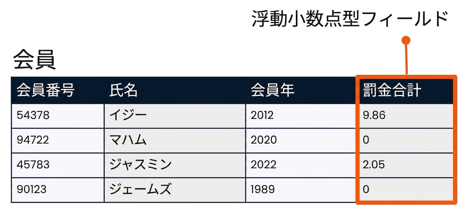 total_fineフィールドが浮動小数点フィールドの例として強調表示されたpatronsテーブル