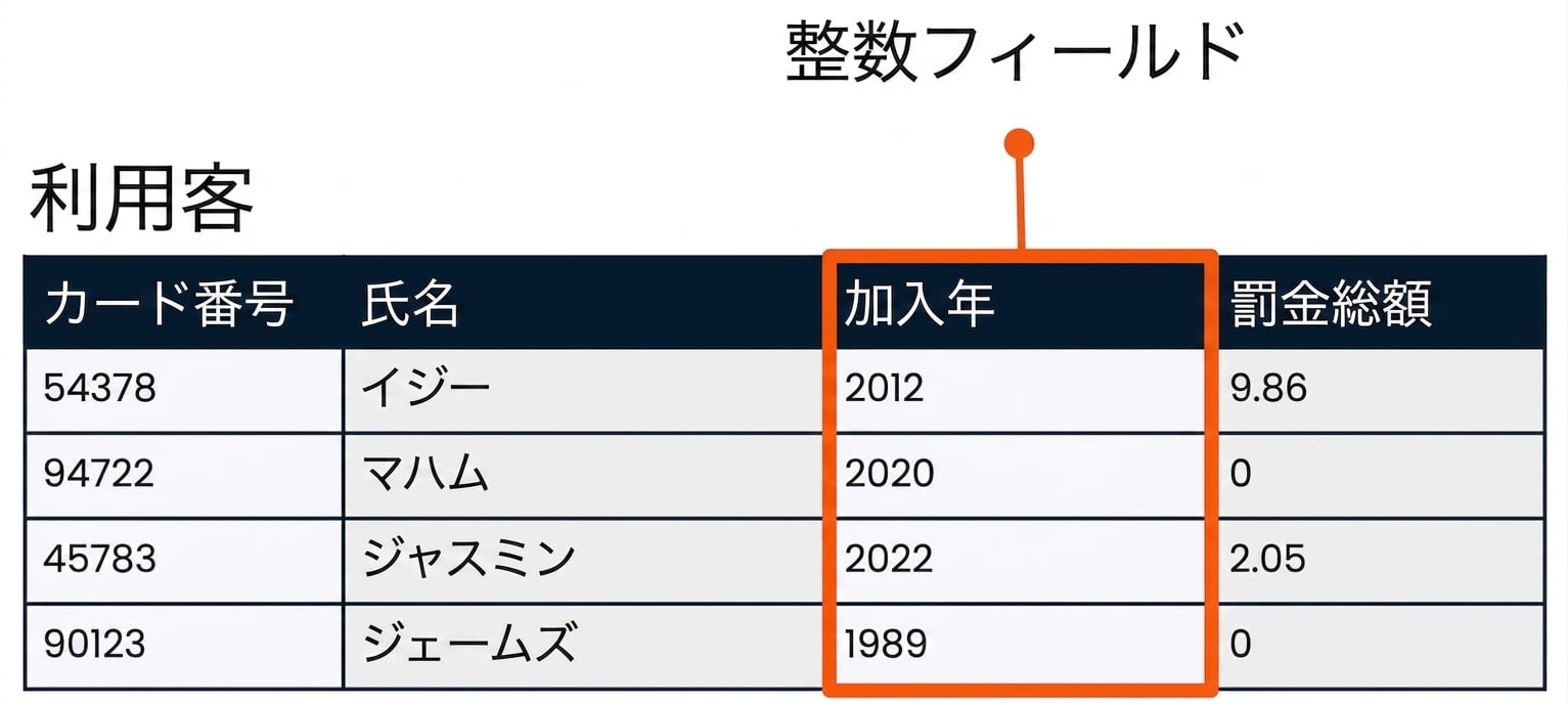 整数フィールドの例として member_year フィールドが強調表示された patrons テーブル