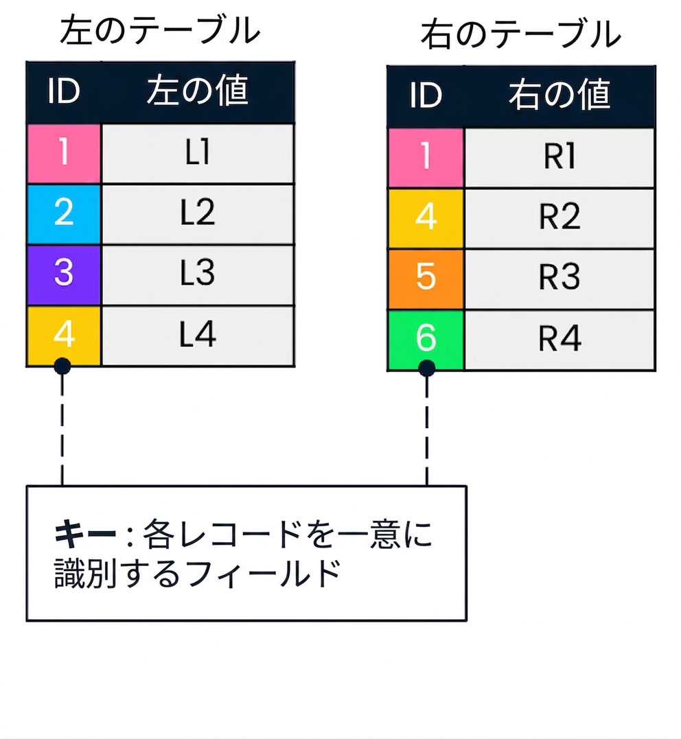 2つのテーブルを示す図:左側のテーブルと右側のテーブル。 左と右のテーブルで一致する id 値は、同じ色で表示されます。