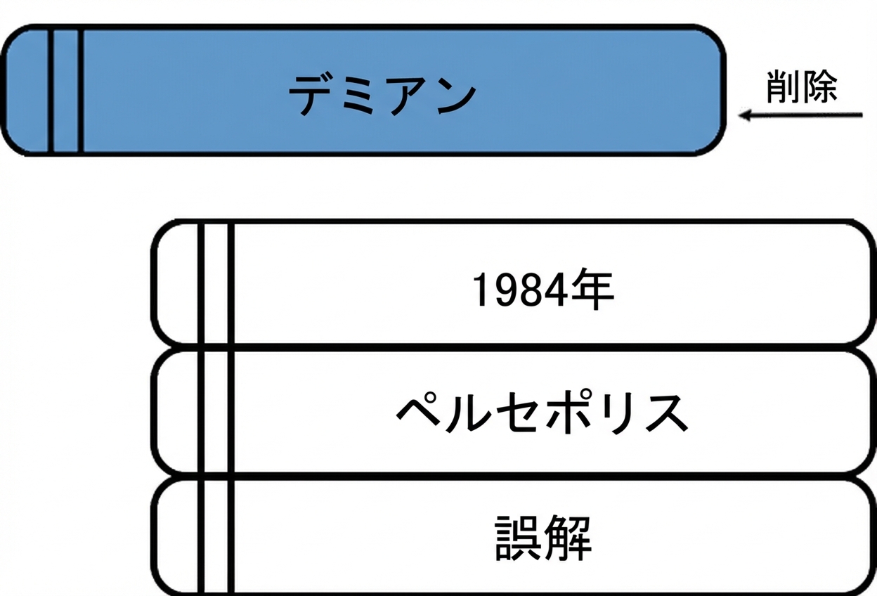 積んだ本の山の一番上から本を取った画像。