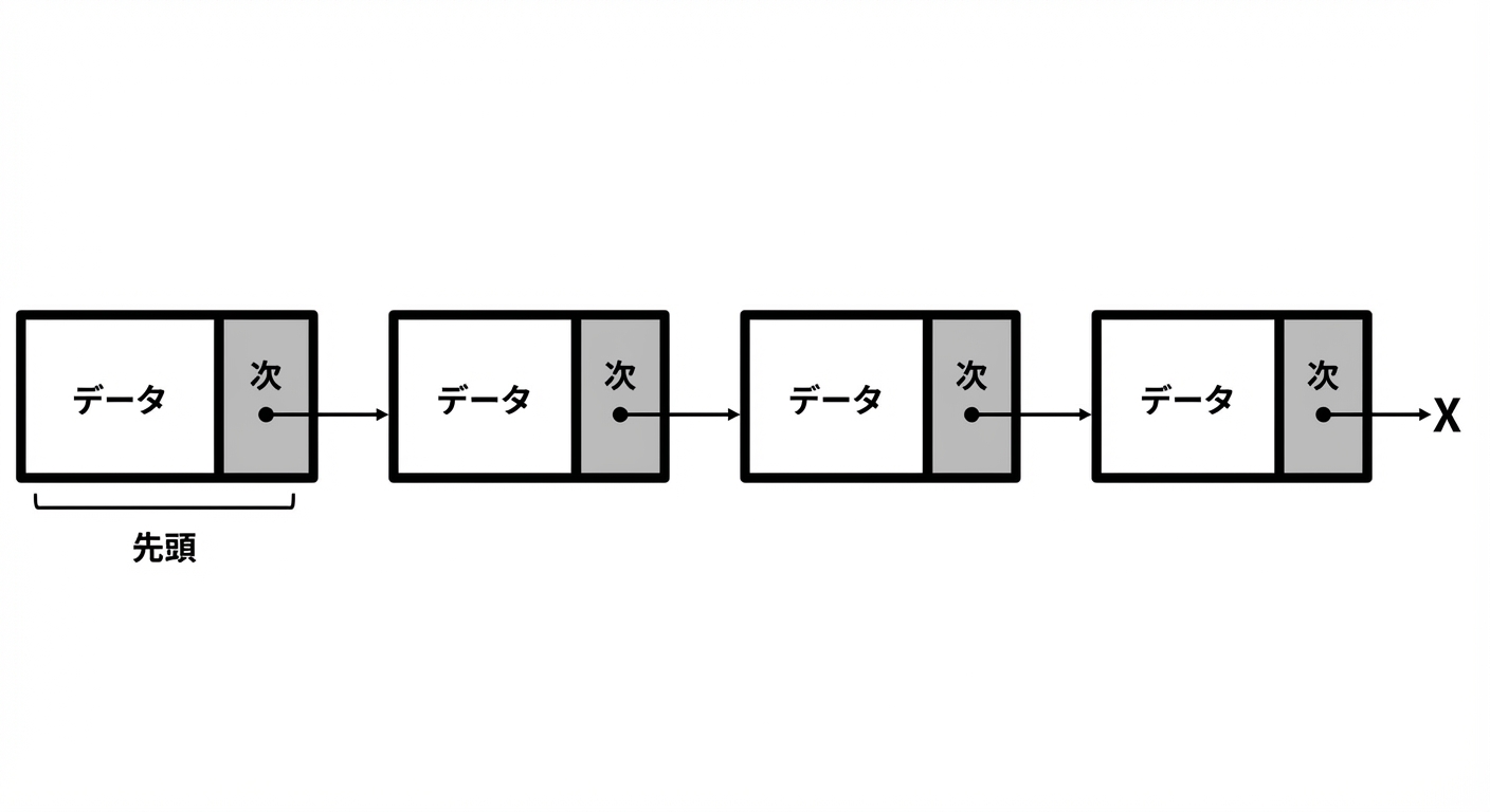 最初のノードに「HEAD」とある連結リストの図。