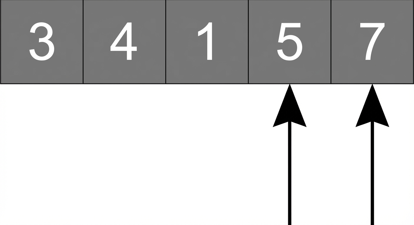 未整列の数値リストの模式図。4番目と5番目の要素を指す2つのポインタがあり、4番目と5番目が入れ替わっている。