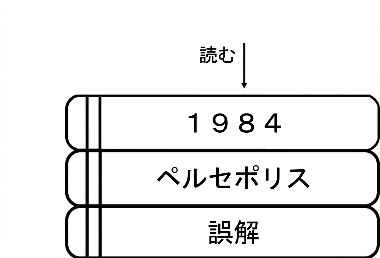 本の積み重ねの一番上の表紙を指す矢印がある画像。