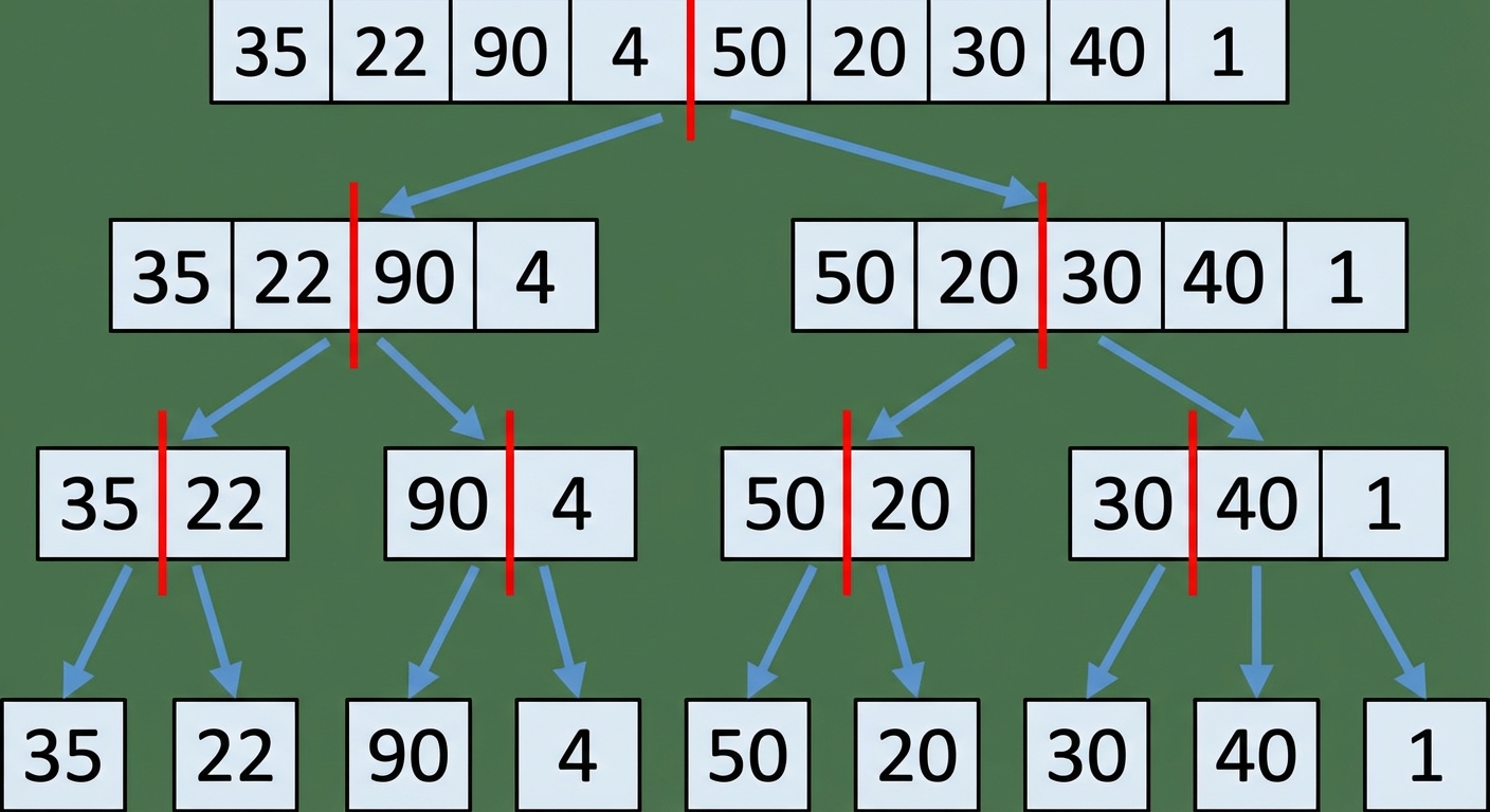 無作為な数のリストの概略図。前回分割したリストをさらに分割した新しいリストがある。